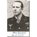 Luftwaffe Major Franz Kieslich signed photo. 6x4 black and white photo signed by highly decorated