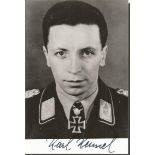 Luftwaffe ace Karl Kennel signed photo. 6x4 black and white photo signed by Luftwaffe ace Karl