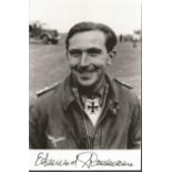 Luftwaffe ace Edmund Rossman signed photo. 6x4 black and white photo signed by Luftwaffe ace