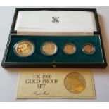 1980 Gold Proof Collection. 4 coins 22 Ct £5, 39.94gms, £2, 15.98gms, Sovereign 7.99gms, Half