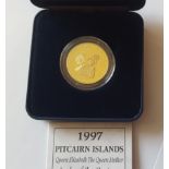 1997 Pitcairn Islands Queen Mother Proof Gold $75 Coin 14 ct 7.78gm in Westminster presentation case