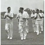 Fred Trueman signed photo. Square 8x8 inch black and white photograph signed by the late great