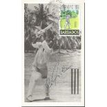 Sir Gary Sobers signed postcard. 6x4 black and white Barbados cricket postcard autographed by the