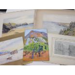 Collection of landscapes, watercolour and oil on board, including Drovers in a Landscape, manner