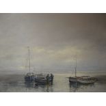 Pamela Noyes (20th century) North Norfolk - two figures by boats at low tide, oil on canvas, signed,