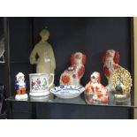 A pair of Victorian Staffordshire spaniels, a smaller pair, a stoneware statue of a lady and other