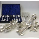 A part service of electroplate fiddle pattern flatware and a case of EPNS teaspoons and tongs