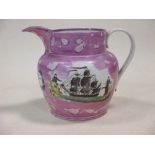 A Sunderland lustre jug named Elizabeth Gibbs, masonic symbols and ship, 21cm high