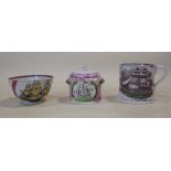 A Sunderland lustre pot and cover, The Love of Gold motto and ship on reverse, 12cm diameter, a slop