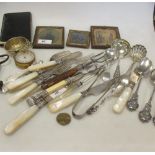 Three silver 'London Bulldog Society' teaspoons, early 20th century, and assorted plated flatware