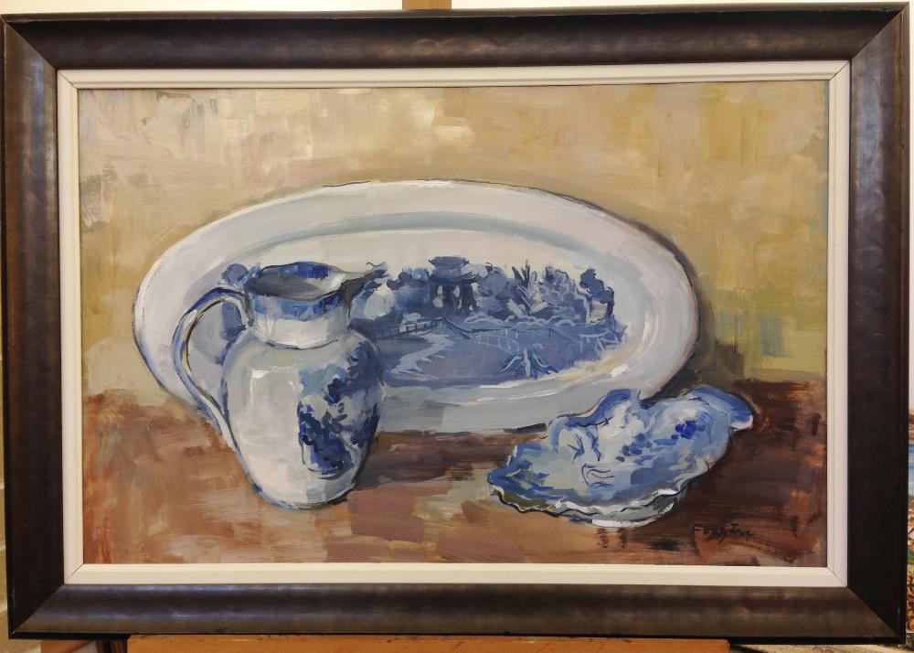 § Lucette de la Fougere (French, 1921-2010) Still life of blue and white china signed lower right " - Image 2 of 6