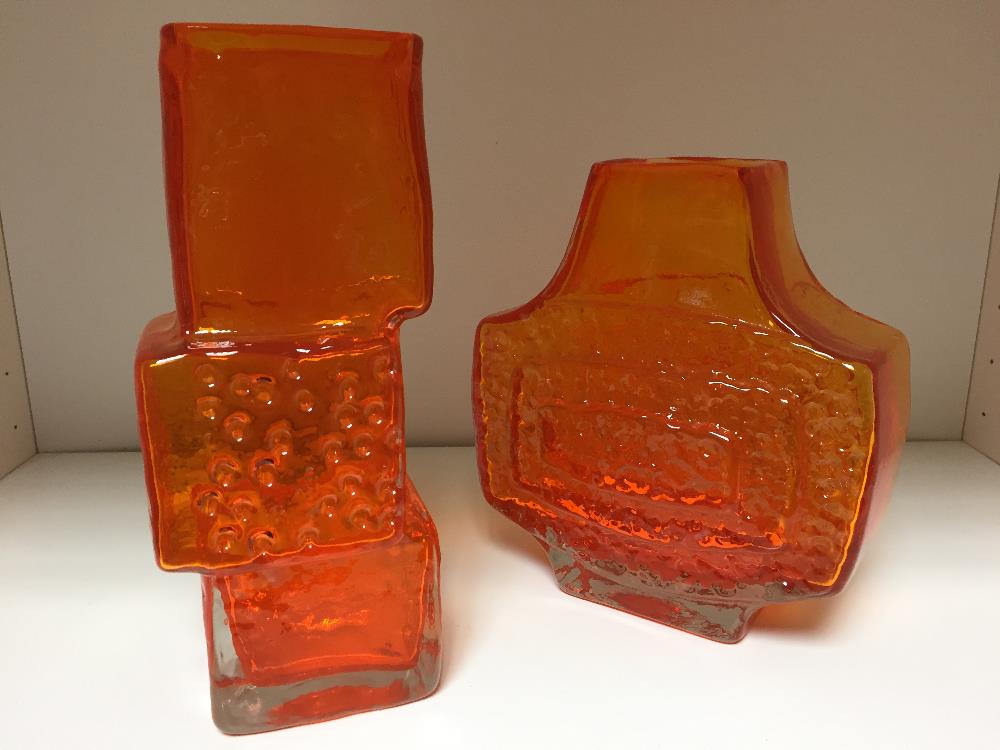 A Whitefriars drunken bricklayer vase and a TV vase, each in Tangerine (2)