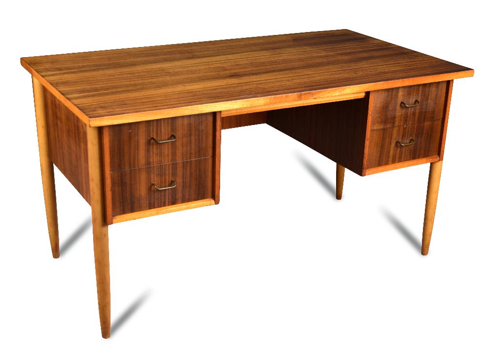 A mid-20th century palisander wood desk, the rectangular top with two suspended drawers to either
