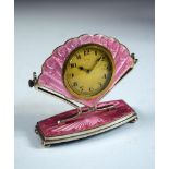 A George V silver and guilloché enamel dressing table clock, Birmingham 1928, the fan-shaped