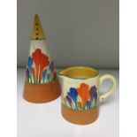 A Clarice Cliff Crocus pattern conical sifter, painted in colours with printed marks, together