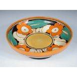 A Clarice Cliff Floreat pattern fruit bowl, the circular bowl raised on a spreading circular foot,