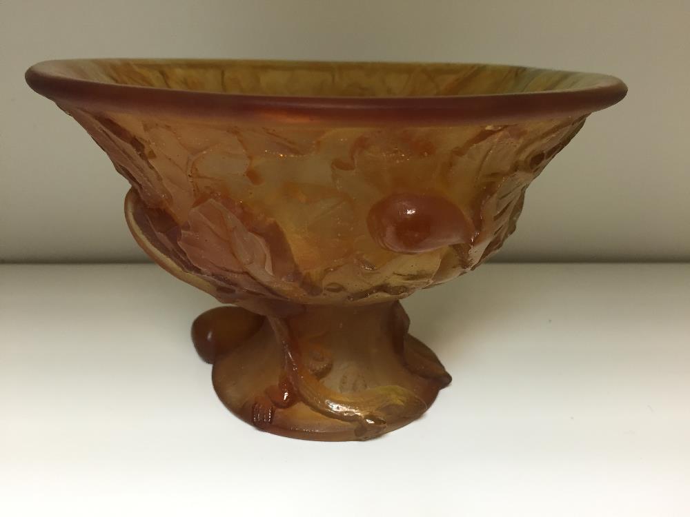 A modern Daum pate de verre amber glass bowl decorated with leaves, etched signature, together - Image 3 of 5