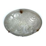 An Art Deco Muller Freres moulded glass plafonnier, the frosted glass bowl with stylised flowers and