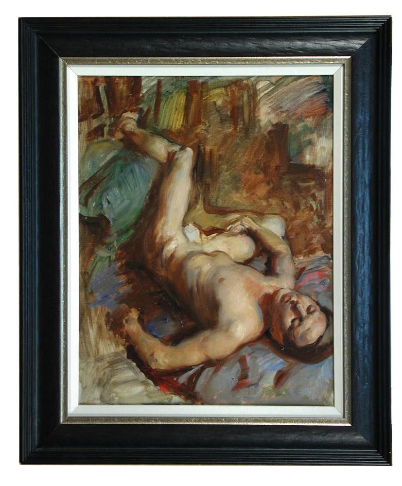 § Victor Hume Moody (British, 1896–1990) Male nude oil on canvas 35 x 45cm (14 x 18in) Fine.