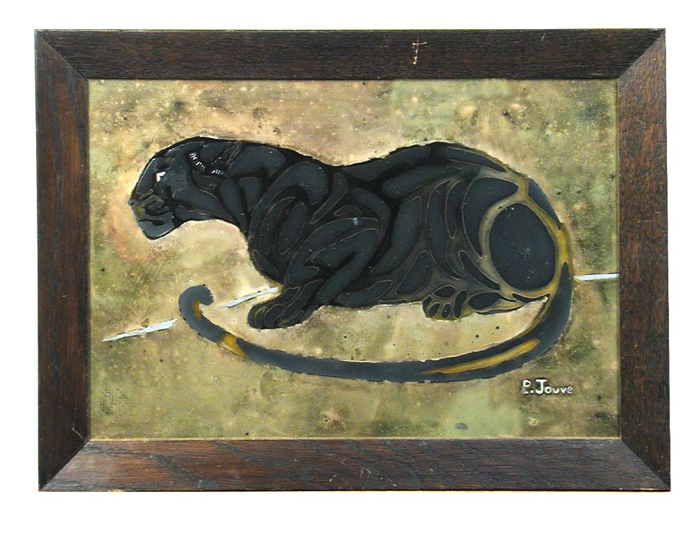 After Paul Jouve, a painting on glass of a panther, painted in black to a gilt background within
