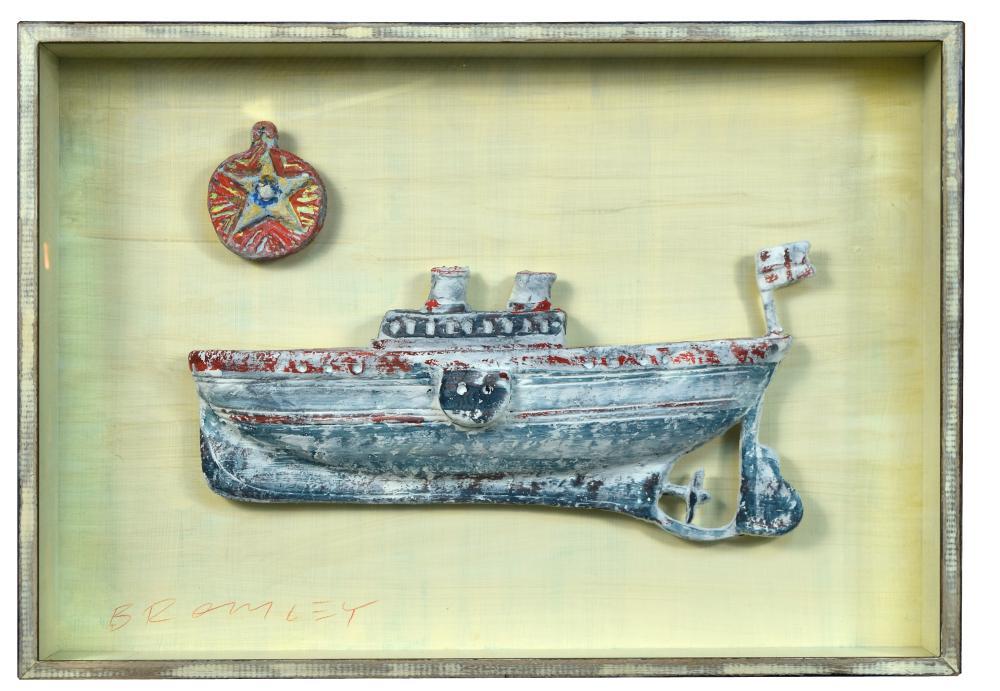 David Bromley (Australian, b. 1960) Ship signed lower left "Bromley" hand-carved wood and glass,