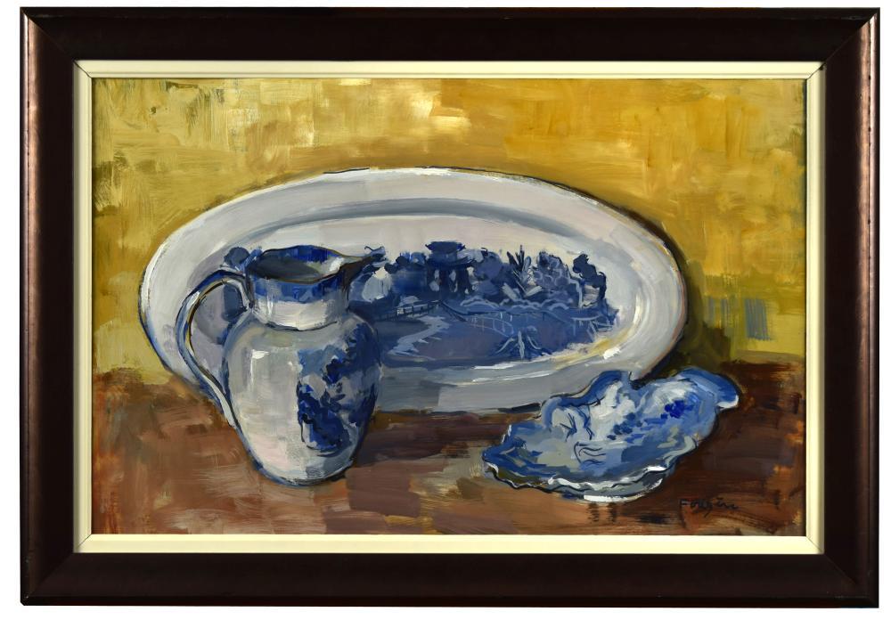 § Lucette de la Fougere (French, 1921-2010) Still life of blue and white china signed lower right "