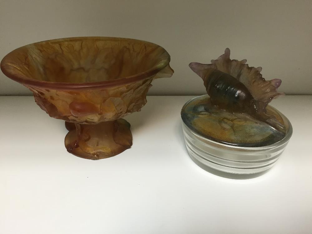 A modern Daum pate de verre amber glass bowl decorated with leaves, etched signature, together