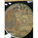 A silk embroidered oval picture of a shepherdess making a wreath, 31 x 25 cm; together with a silk