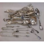 A collection of silver and plated items to include cutlery and sugar tongs