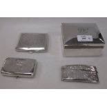 A silver cigarette box, a silver cigarette case, a silver tobacco box and a silver calling card case