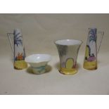 A pair of art deco pottery jugs, a vase, and a falcon ware vase in the form of a straw hat