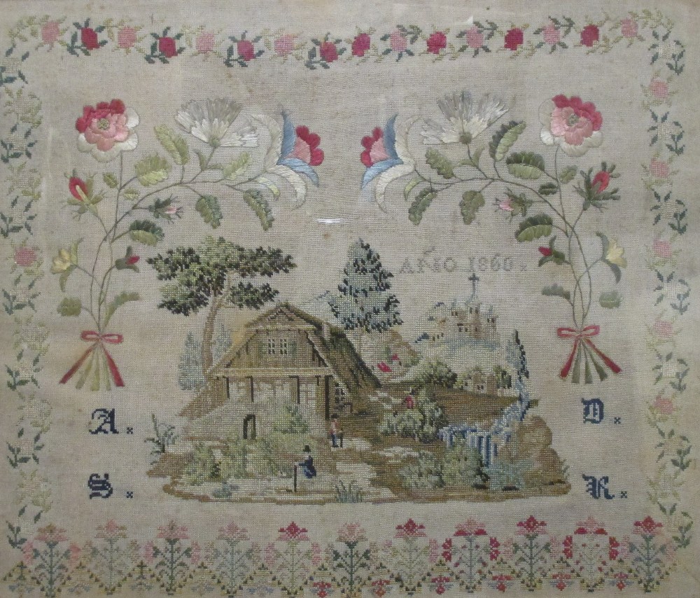 A 19th century needlework sampler dated 1860, 40 x 47cm