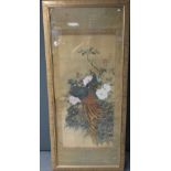 An Oriental framed scroll painting of two peacocks