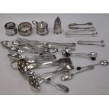 Two silver sauce ladles, various teaspoons, a silver fork and other small silver, 18oz