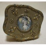 A late 19th century French gilt brass bijouterie box, inset with miniature of a lady and semi