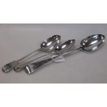 A silver stuffing spoon and two matching table spoon, 7oz