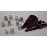 A Charles Horner silver thimble and various silver and plated thimbles together with a pair of