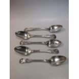 A pair of silver fiddle thread and shell terminal table spoons, London 1828, together with three