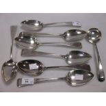 Seven Old English pattern table spoons, Geo III London 1817/1819 + 1 x 1794 and a sauce ladle London