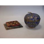 A Chinese temple panel and a cloisonne apple shaped bowl and cover