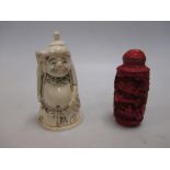 A Chinese cinnabar lacquer snuff bottle and another in bone depicting Daikoku