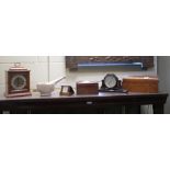 A Smith modern eight day mantle clock, a bakelite desk barometer various boxes and other items