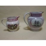 Two Sunderland lustre jugs, the larger transfer decorated with a ship and the verse "the man