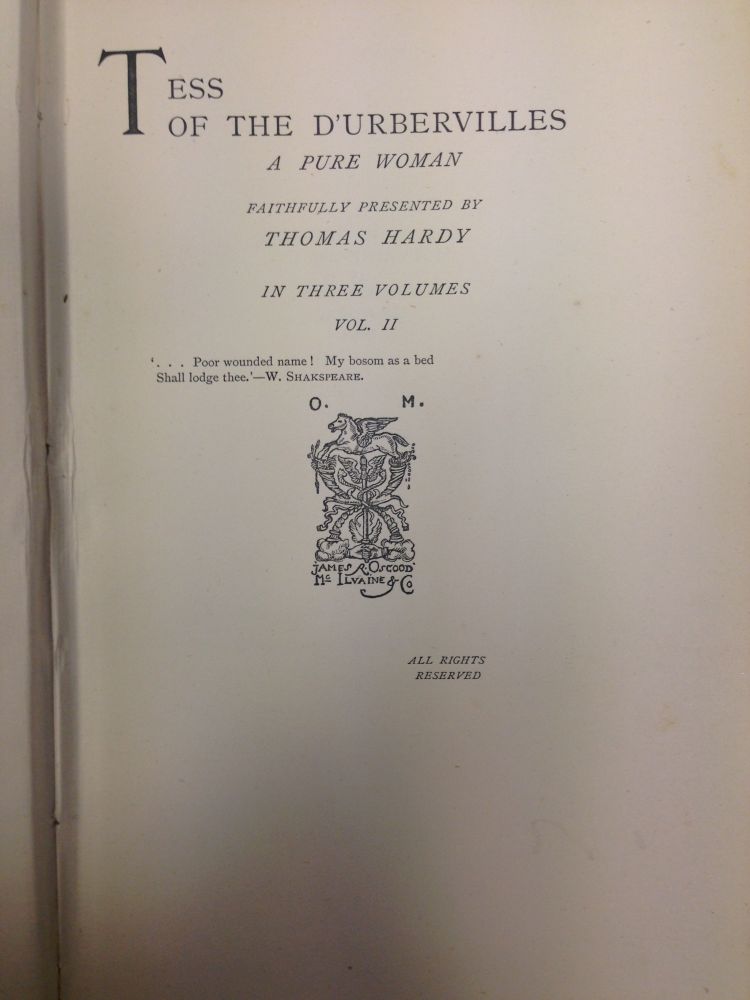 HARDY (Thomas) Tess of the d'Urbervilles, first edition in three volumes, London: Osgood, - Image 5 of 8