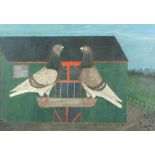 English Provincial School (19th Century)  Two pigeons outside a pigeon loft signed on the ledge "