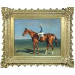 John Charles Tunnard (British, 19th Century) Chestnut racehorse with jockey up oil on board, in a
