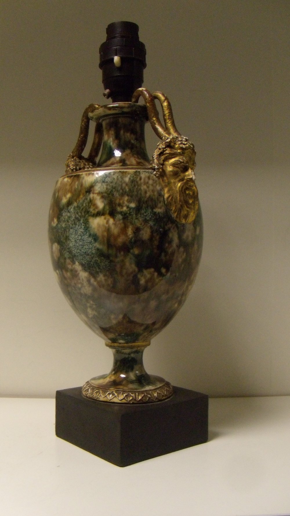 A Wedgwood and Bentley agate ware vase as a lamp, the horns of the gilt satyr mask handles on the - Image 2 of 4