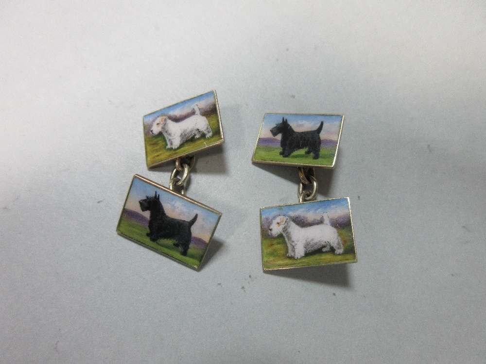 A pair of vintage enamelled gold cufflinks depicting dogs, the double-ended links with rectangular