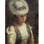 French School  (18th/19th Century) Portrait of a young girl in a flower-strewn hat and blue and