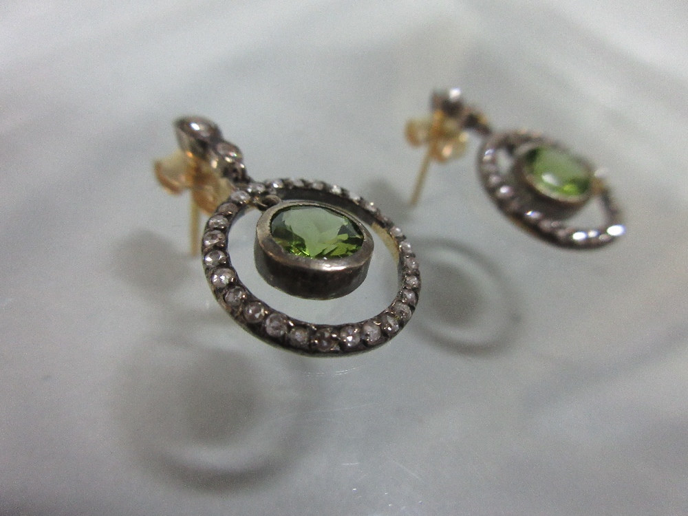 A pair of peridot and diamond earpendants, each post headed by two graduated rose cut diamonds - Image 2 of 3